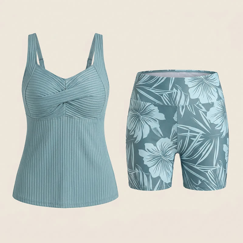 Ribbed Sweetheart Twist Front Tropical Print Tankini Set - image 21