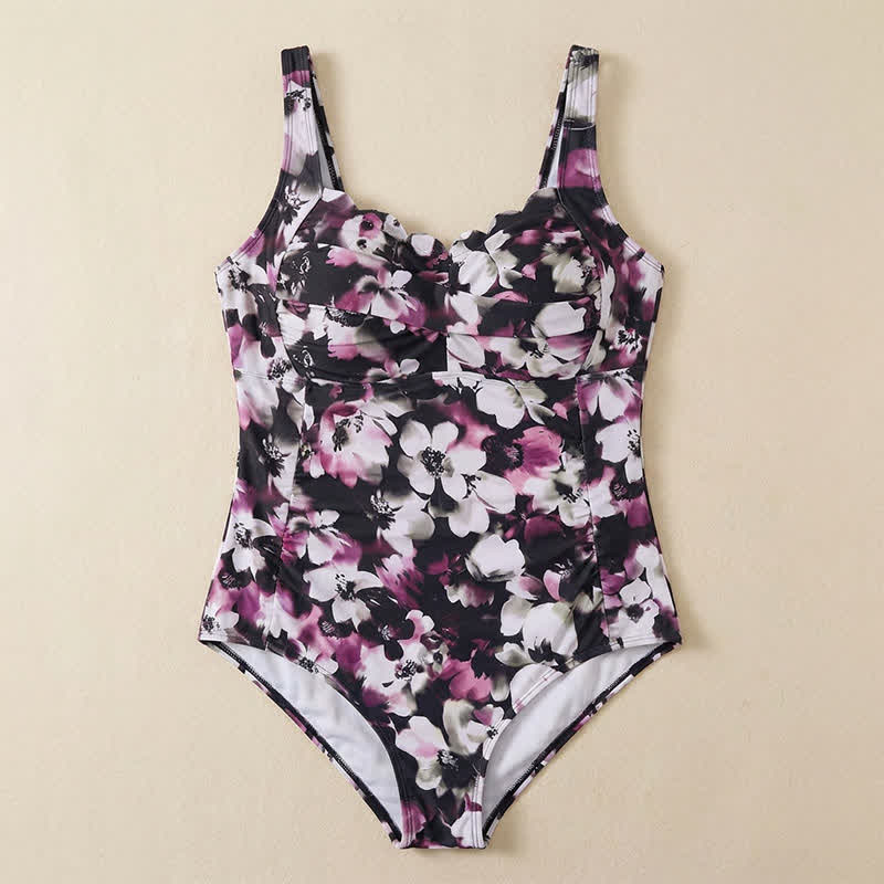 Vintage Flower Leaf Print Ruched One-Piece Swimsuit - image 16
