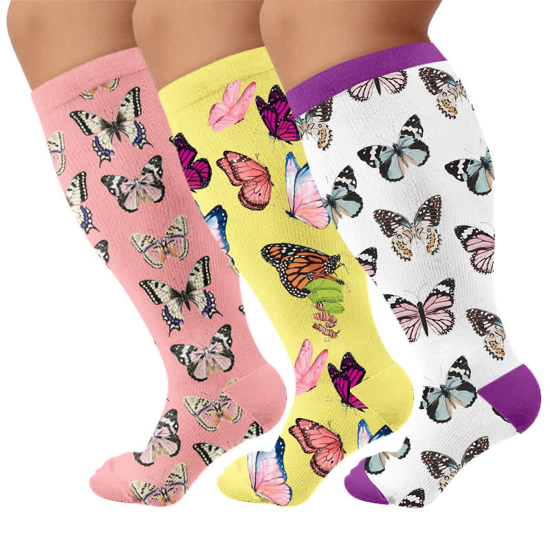 Plus Size Playful Butterfly Compression Socks - Multicolor(3 Pairs) - 4XL - image 4