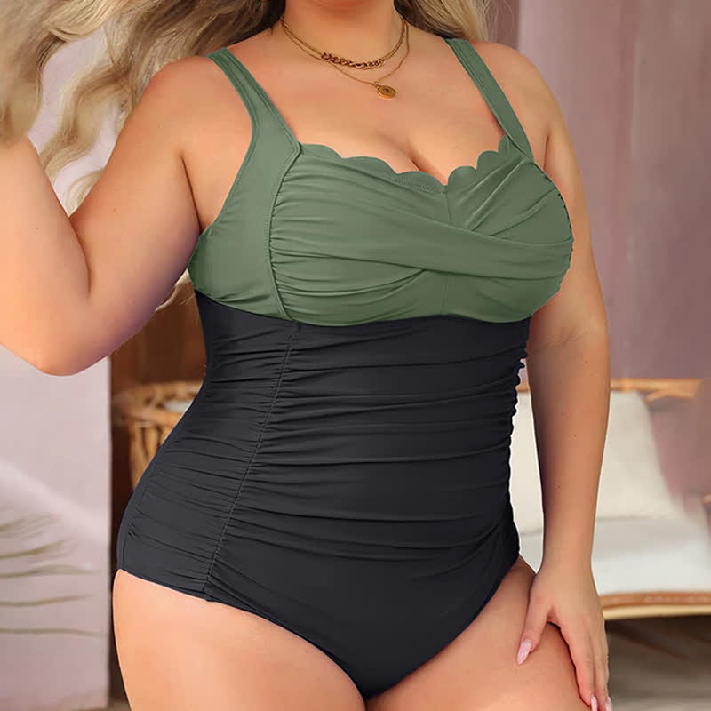 Tropical Paisley Leaf Print Ruched One-Piece Swimsuit - Army Green - 6XL - image 5