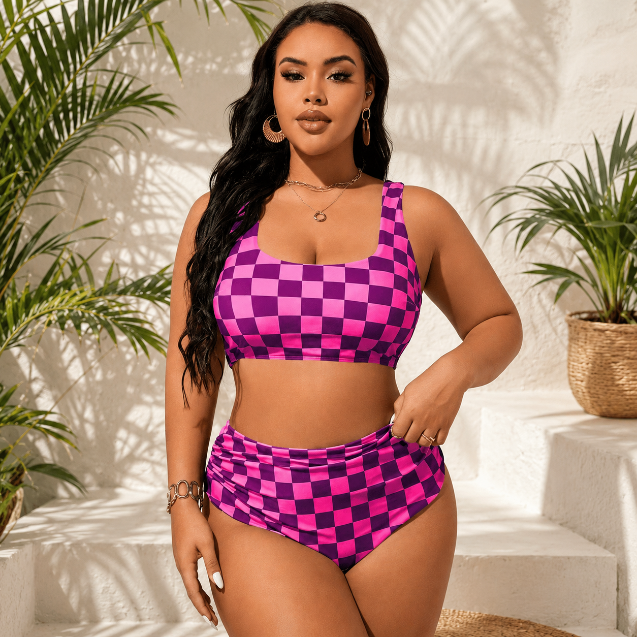 Checkerboard Two-Piece Bikini Set - Rose - 4XL - image 0