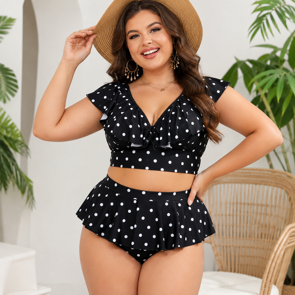 Polka Dot Ruffle High-Waisted Bikini Set - Black - 4XL - image 0