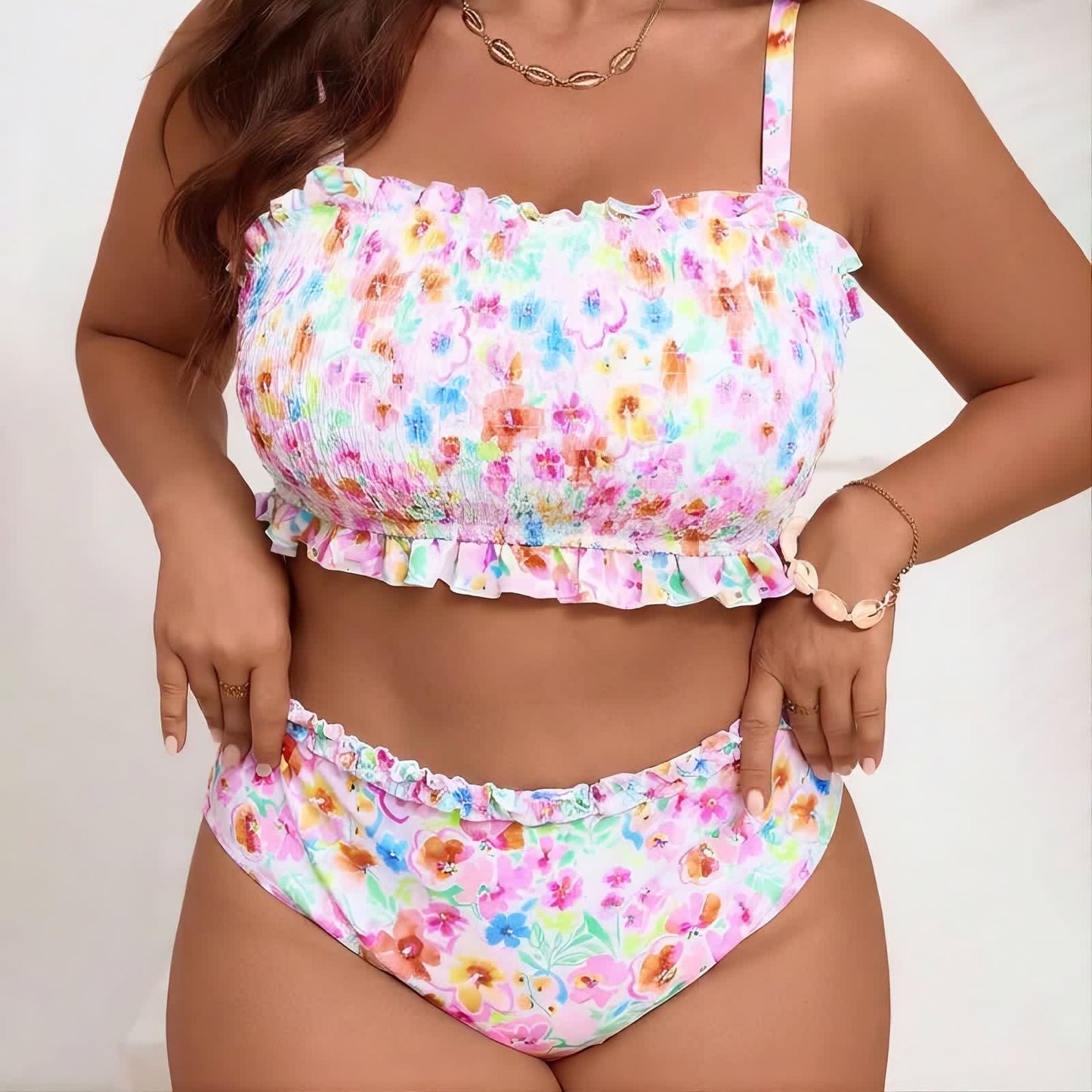 Blush Floral Smocked Bikini Set - Pink - 5XL - image 0