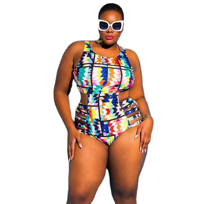 Tribal Geo Print High Waist One-Piece Swimsuit - Blue - 4XL - image 3