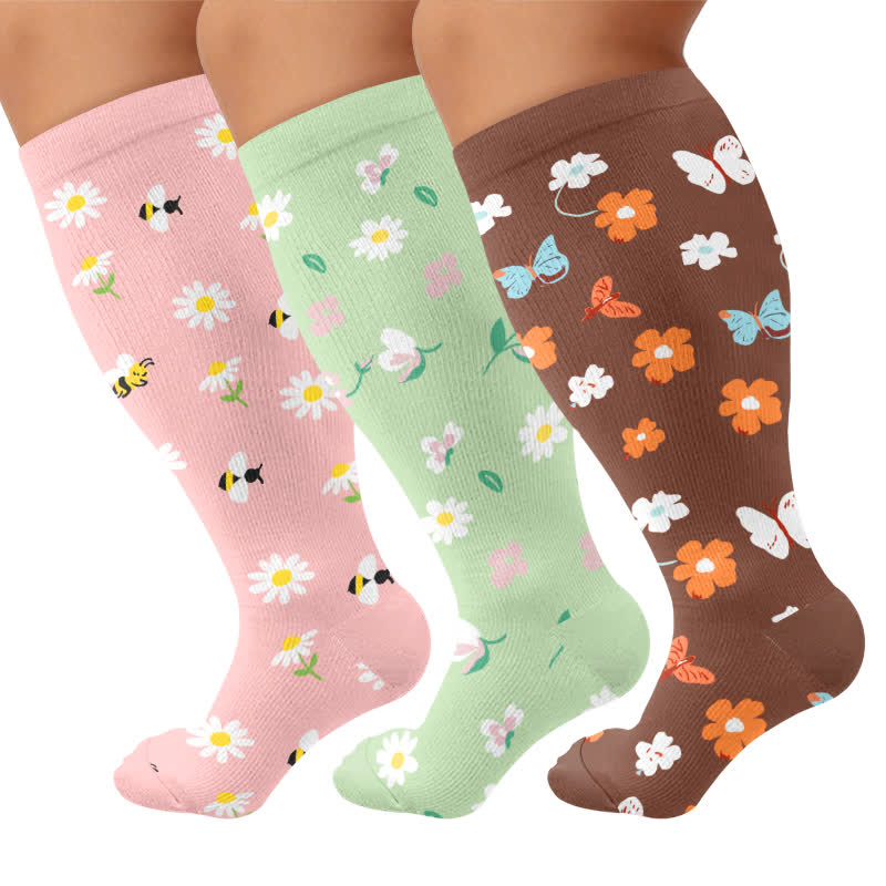 Plus Size Daisy Bee Flower Print Compression Socks - Multicolor(3 Pairs) - 4XL - image 4