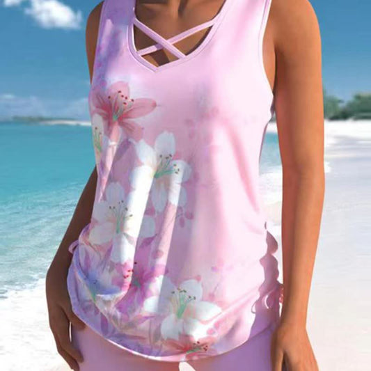 Floral Criss Cross Tankini Set - Pink - 3XL - image 0