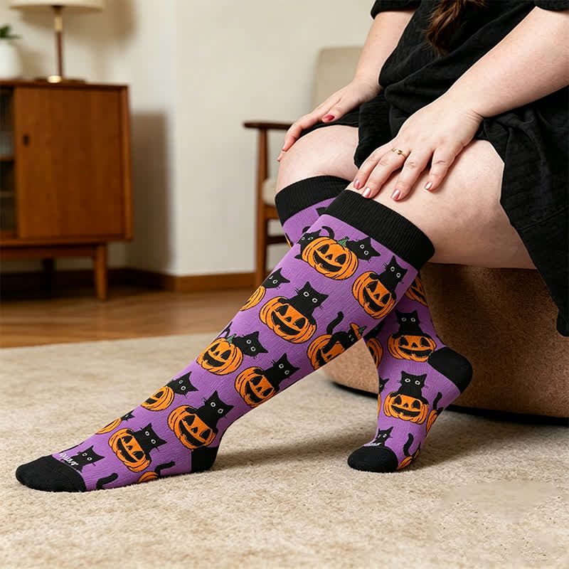 Plus Size Pumpkin Parade Compression Socks - Purple(1 Pair) - 4XL - image 2