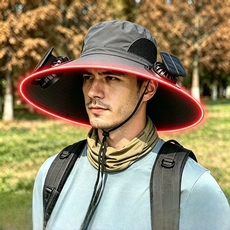 Solar Cooling Wide Brim Sun Hat - Dark Grey - One Size - 2 Fans - image 2