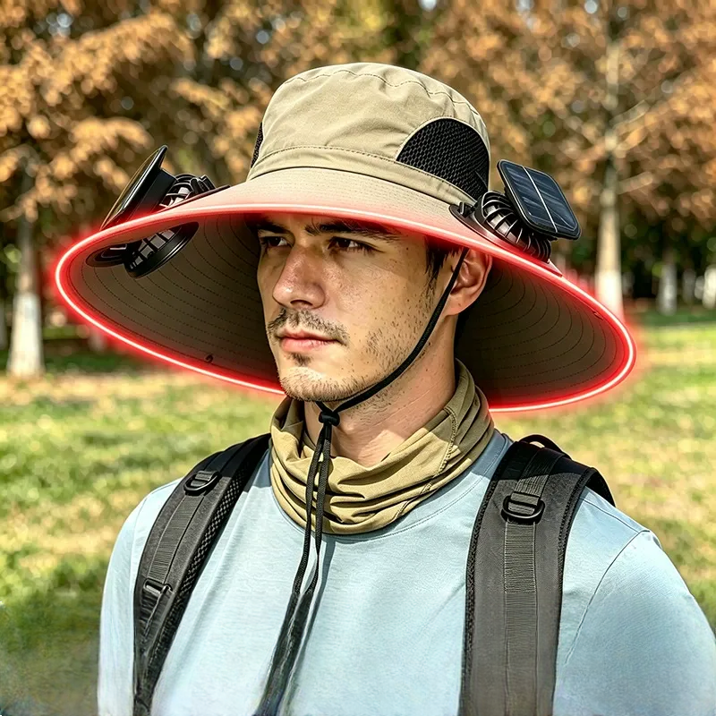 Solar Cooling Wide Brim Sun Hat - Beige - One Size - 2 Fans - image 3