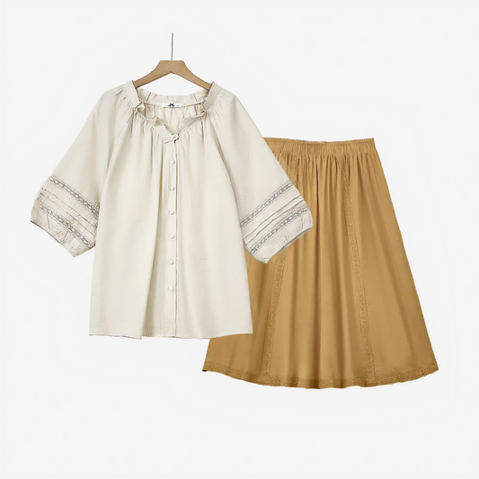 Boho Lace Panel Blouse & Pleated Midi Skirt Set - 2Pcs Set - 6XL - image 0
