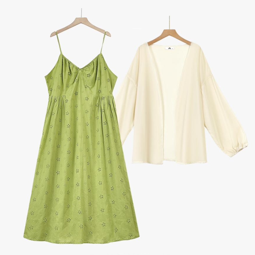 Green Embroidery Slip Dress & White Puff Sleeve Cardigan Two Piece Set - 2Pcs Set - 6XL - image 0