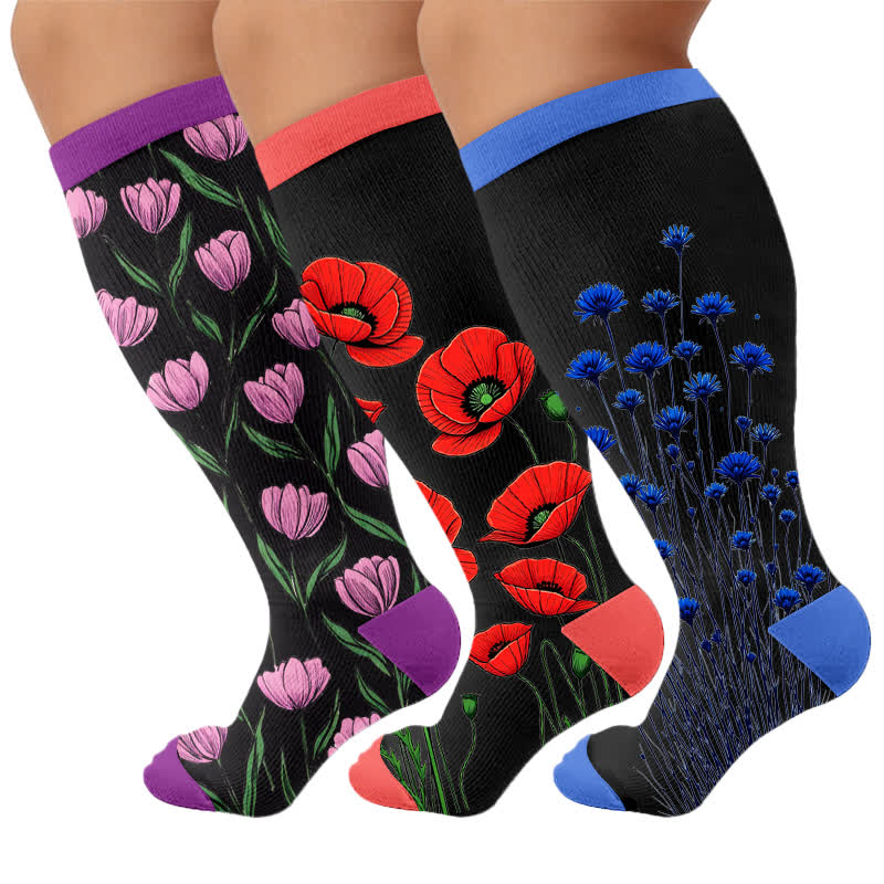 Plus Size Midnight Tulip Compression Socks - Multicolor(3 Pairs) - 4XL - image 4