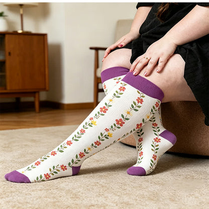 Plus Size Floral Ribbed Compression Socks - Purple(1 Pair) - 4XL - image 1