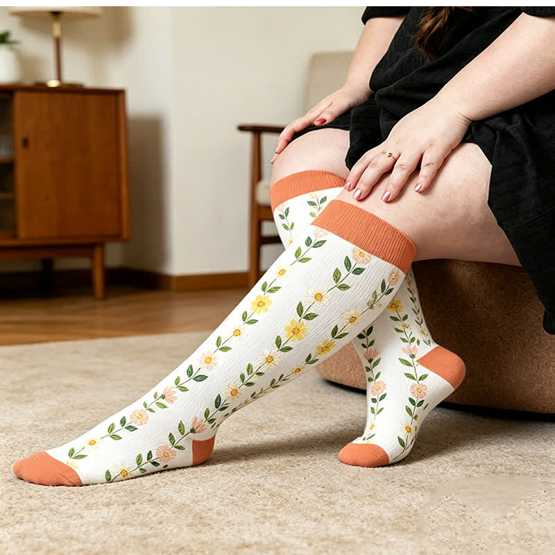 Plus Size Floral Ribbed Compression Socks - Yellow(1 Pair) - 4XL - image 2