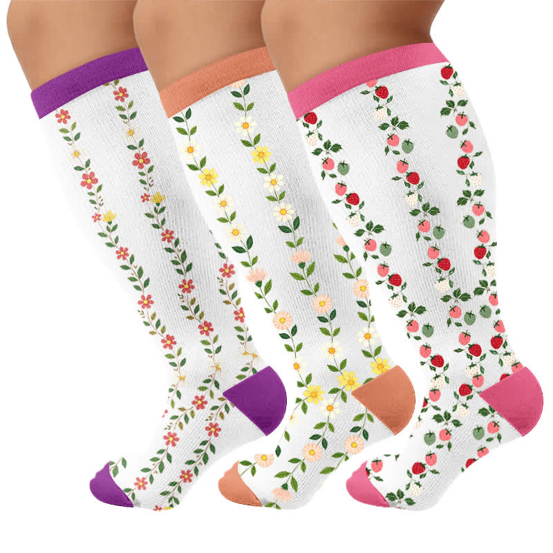 Plus Size Floral Ribbed Compression Socks - Multicolor(3 Pairs) - 4XL - image 4