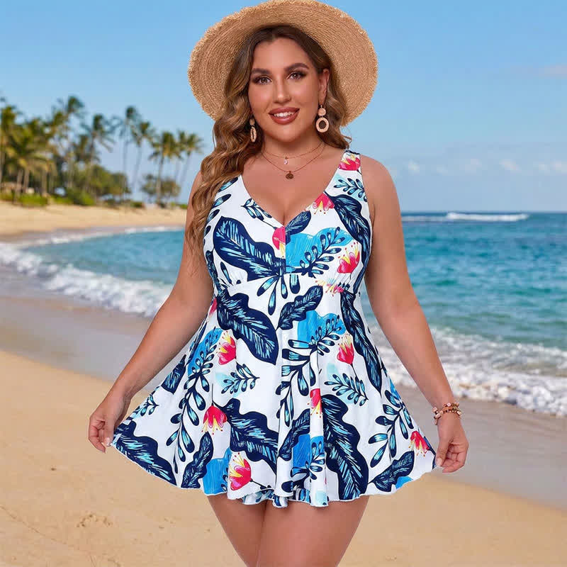 Floral Skirted Swim Dress - Blue - 5XL - image 0