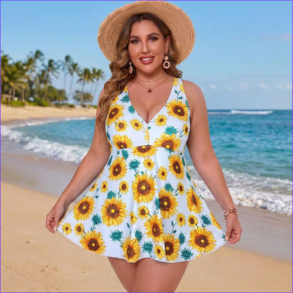 Plus Size Printed Ring Strap Swim Dress - Yellow - 5XL - image 5