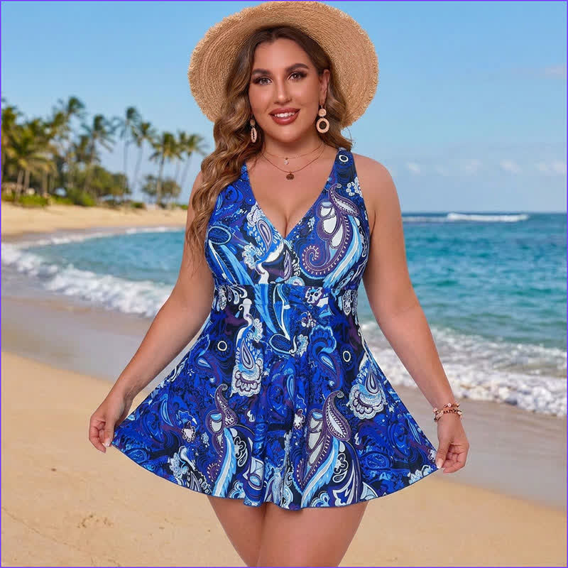 Plus Size Printed Ring Strap Swim Dress - Blue - 5XL - image 1