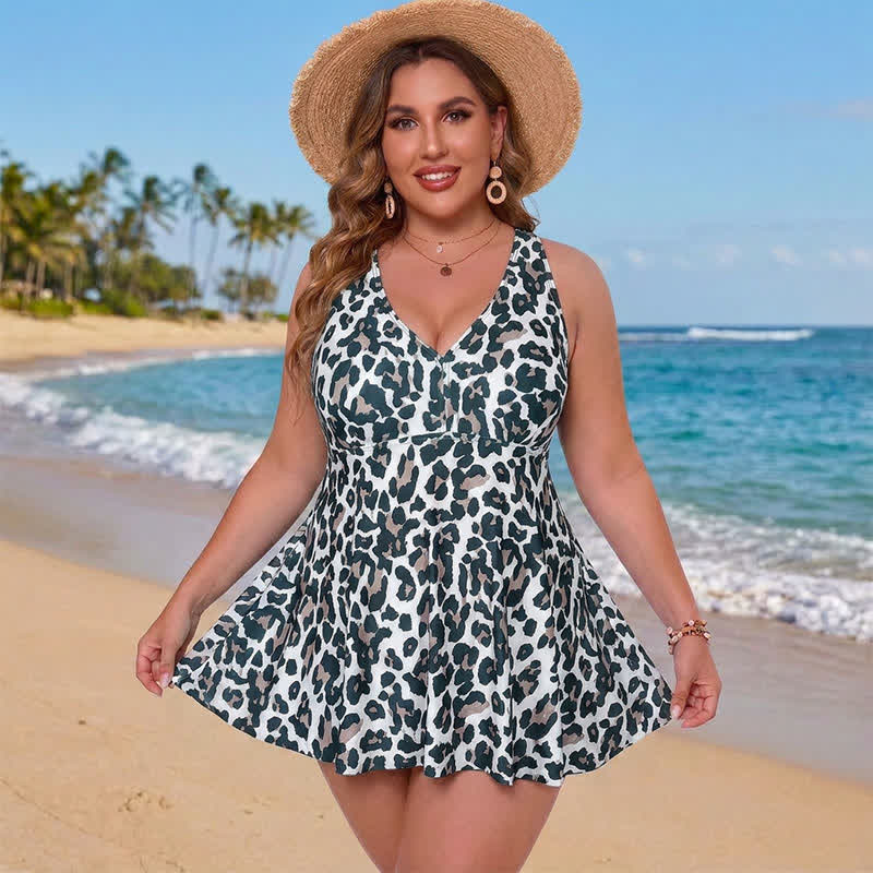 Plus Size Printed Ring Strap Swim Dress - Black - 5XL - image 0