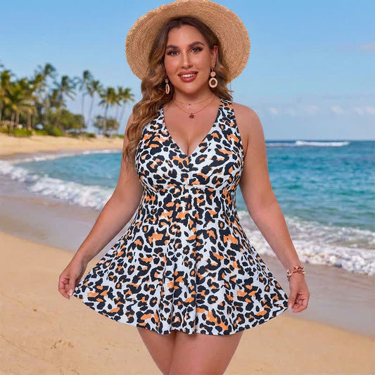 Leopard Flower Print Empire Waist Swim Dress - Light Gray - 5XL - image 0