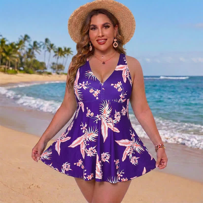 Flower Polka Dot Print V Neck Swim Dress - Blue - 5XL - image 0