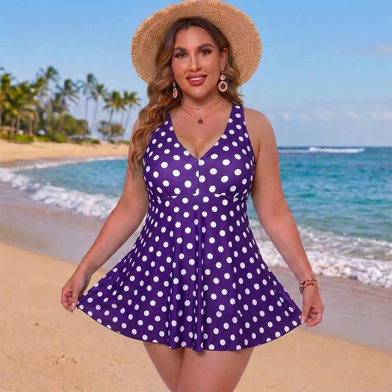 Flower Polka Dot Print V Neck Swim Dress - Purple - 5XL - image 2