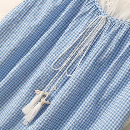 Plus Size Blue Gingham Eyelet Short Sleeve Blouse - image 3