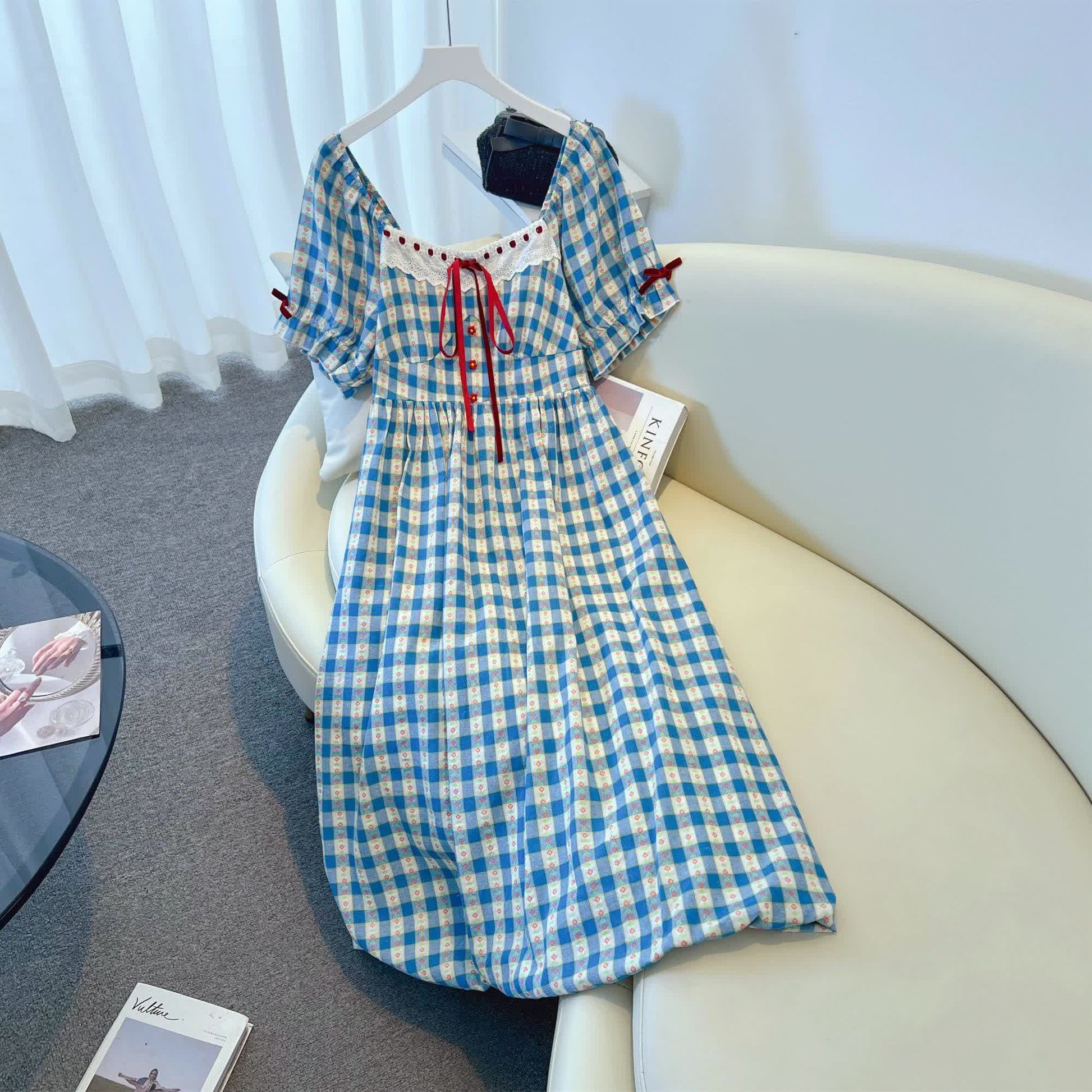 Plus Size Blue Gingham Square Neck Puff Sleeve Midi Dress - image 1
