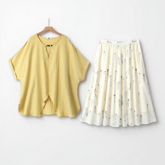 Yellow Loose Top Floral Skirt Matching Two Piece Set - 2Pcs Set - 6XL - image 0