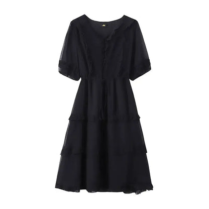 Plus Size Elegant V-Neck Ruffle Tie-Waist Midi Dress - Black - 7XL - image 8