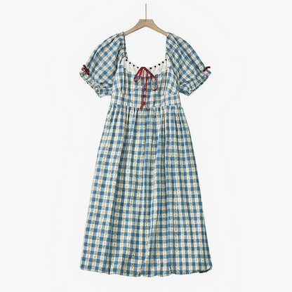 Plus Size Blue Gingham Square Neck Puff Sleeve Midi Dress - Blue - 6XL - image 0