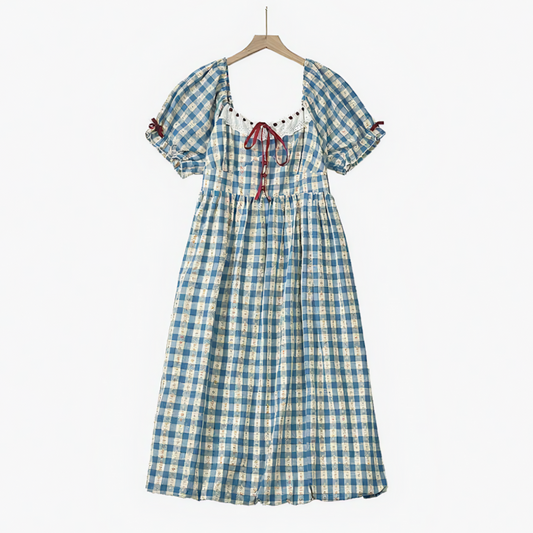 Plus Size Blue Gingham Square Neck Puff Sleeve Midi Dress - Blue - 6XL - image 0