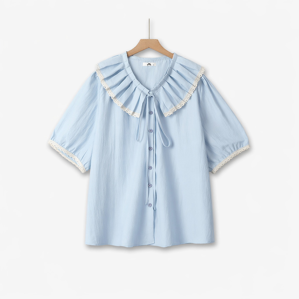 Plus Size Ruffle Collar Lace Trim Blouse - Blue - 6XL - image 0