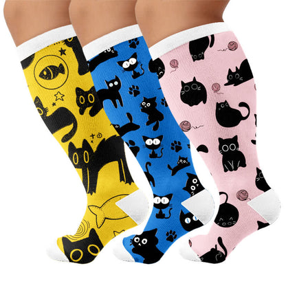 Plus Size Color Pop Cat Compression Socks - Multicolor(3 Pairs) - 4XL - image 4