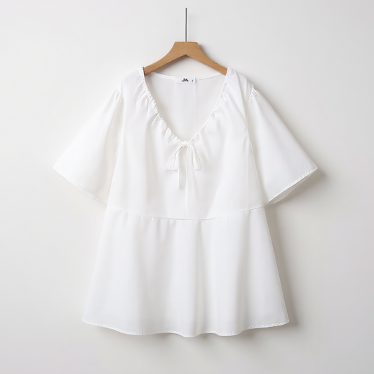Plus-Size V Neck Tie-Neck Ruffle Peplum Blouse - White - 6XL - image 0
