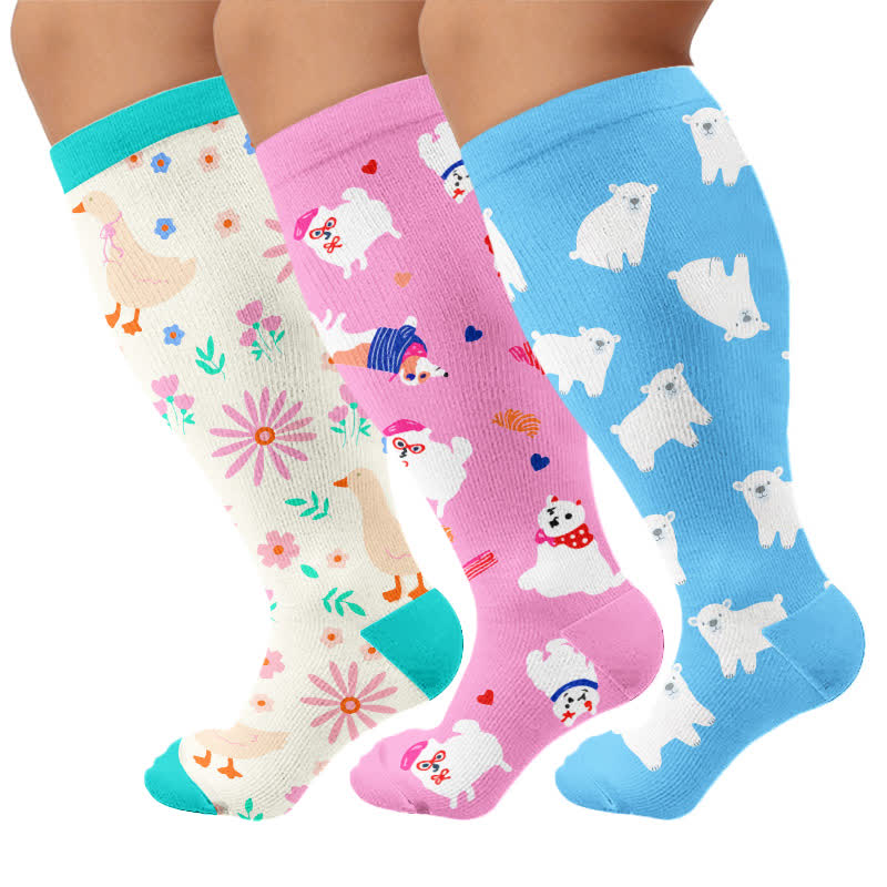 Plus Size Cartoon Flower & Animal Print Compression Socks - Multicolor(3 Pairs) - 4XL - image 4
