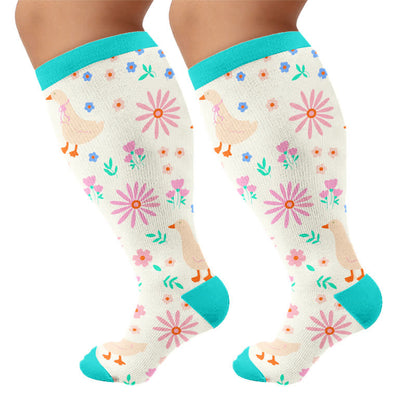 Plus Size Cartoon Flower & Animal Print Compression Socks - Green(1 Pair) - 4XL - image 8