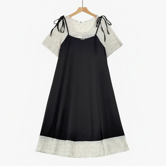 Plus Size Layered Tie Strap Midi Dress - Black - 6XL - image 0