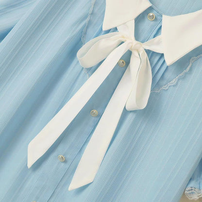 Plus Size Blue Contrast Collar Bow Tie Ruffle Hem Dress - image 4