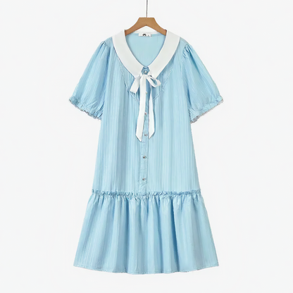 Plus Size Blue Contrast Collar Bow Tie Ruffle Hem Dress - Blue - 6XL - image 0