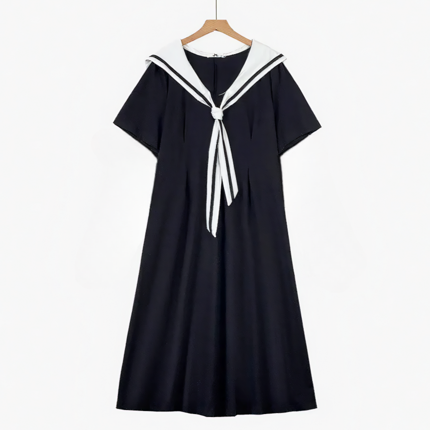 Plus Size Sailor Collar Cotton Blend Midi Dress - Black - 6XL - image 0