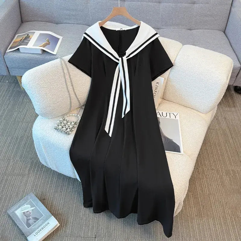 Plus Size Sailor Collar Cotton Blend Midi Dress - image 5