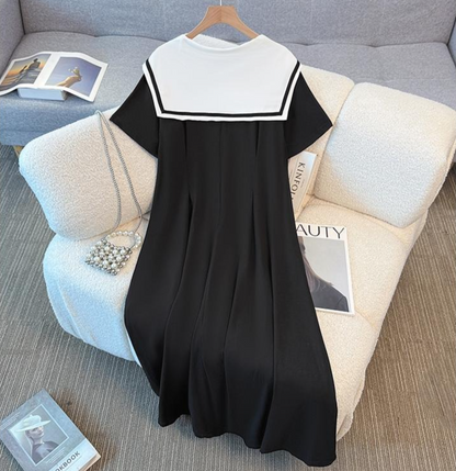 Plus Size Sailor Collar Cotton Blend Midi Dress - image 6
