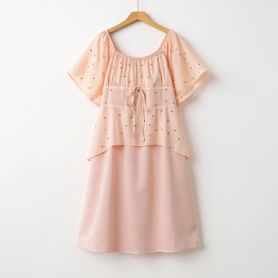 Blush Polka Dot Layered Chiffon Tie Waist Dress - Pink - 6XL - image 0