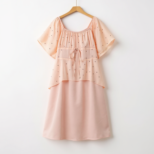 Blush Polka Dot Layered Chiffon Tie Waist Dress - Pink - 6XL - image 0