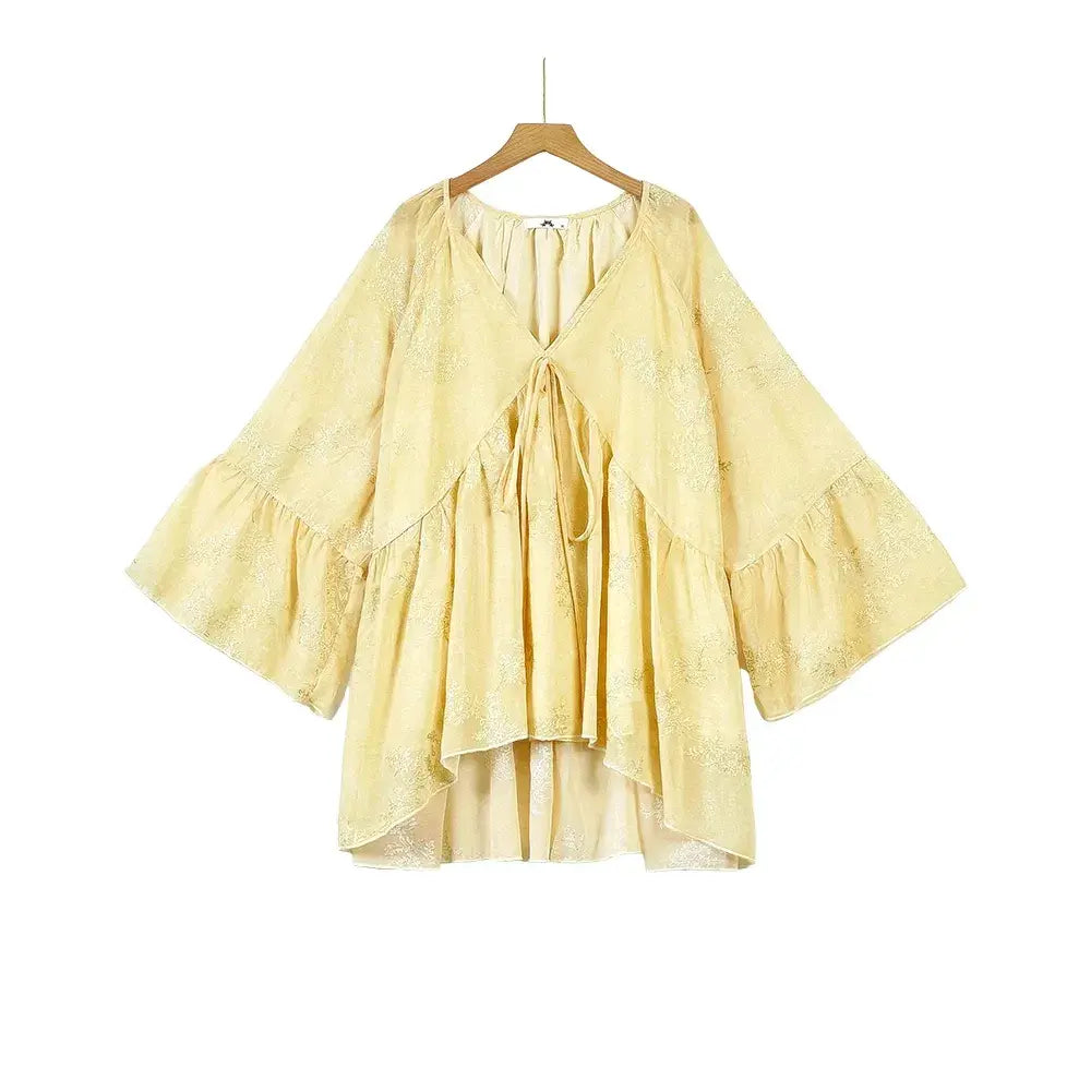 Plus Size Yellow Floral Cape Top Maxi Skirt Set - Blouse - 6XL - image 5