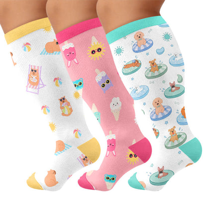 Plus Size Beach Capybara & Dog Print Compression Socks - Multicolor(3 Pairs) - 4XL - image 4