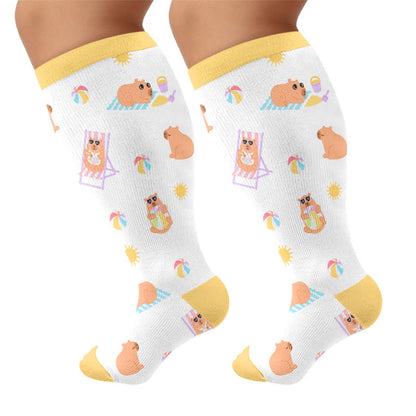 Plus Size Beach Capybara & Dog Print Compression Socks - Yellow(1 Pair) - 4XL - image 8