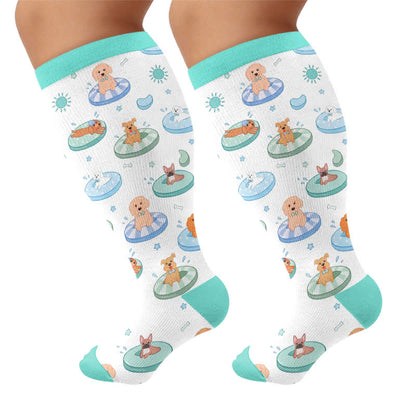 Plus Size Beach Capybara & Dog Print Compression Socks - Green(1 Pair) - 4XL - image 10