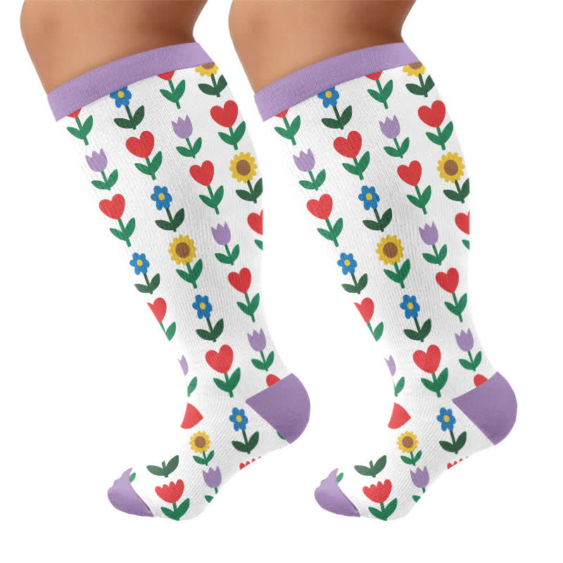 Plus Size Pastel Daisy Compression Socks - Purple(1 Pair) - 4XL - image 10
